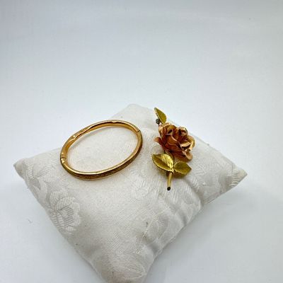 Vintage Gold-Tone Rose Brooch & Engraved Hinged Bangle Bracelet Set