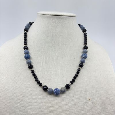 Artisan Made Sodalite or Dyed Howlite and Black Glass Bead Necklace - 21"