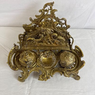 Antique French Rococo Style Gilt Brass Double Inkwell & Letter Rack