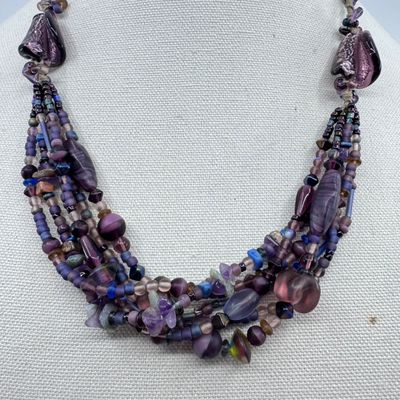 Artisan Multi-Strand Purple Glass and Stone Beaded Necklace