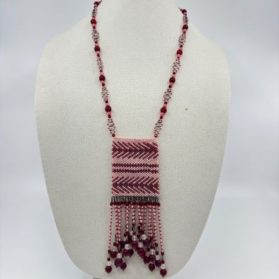 Handcrafted Ruby & Cranberry Glass Beaded Fringe Pendant Necklace