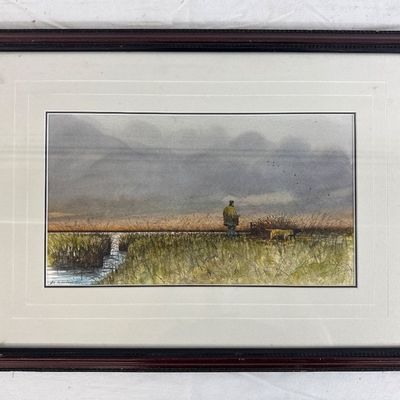 Framed Original Watercolor Painting by Al Barker - Training The New Puppy