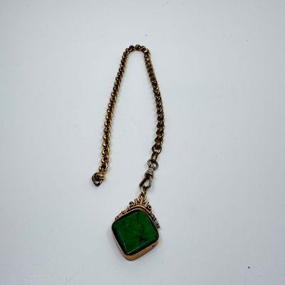 Antique Gold-Tone Pocket Watch Chain with Green Stone Fob