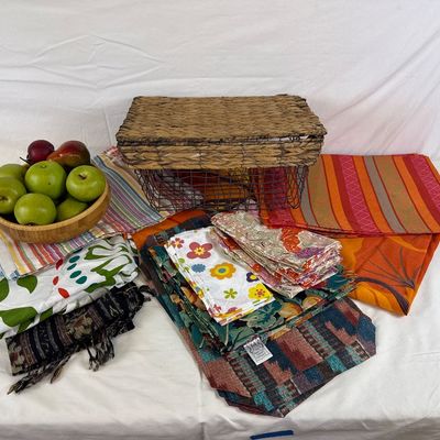 Assorted Table Linens, Placemats, Napkins & Decorative Storage Basket