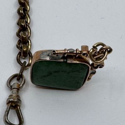Antique Gold-Tone Pocket Watch Chain with Green Stone Fob