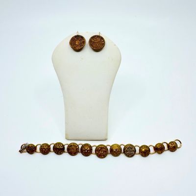 Antique Brass Button Bracelet and Earring Set