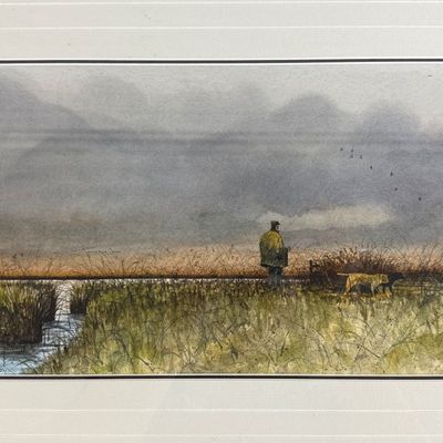 Framed Original Watercolor Painting by Al Barker - Training The New Puppy