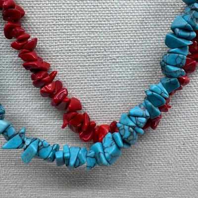 Native American Style Coral & Turquoise Beaded Necklace Collection - 3 Pcs