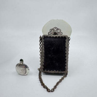 Antique Chatelaine Purse & Sterling Silver Mexican Aztec Calendar Perfume Bottle