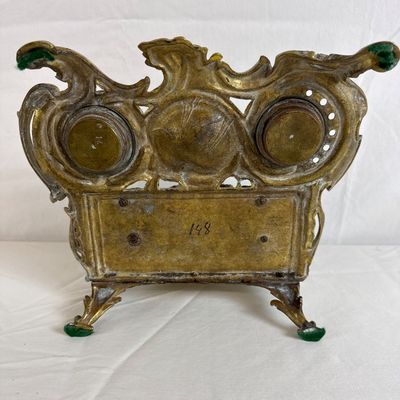 Antique French Rococo Style Gilt Brass Double Inkwell & Letter Rack