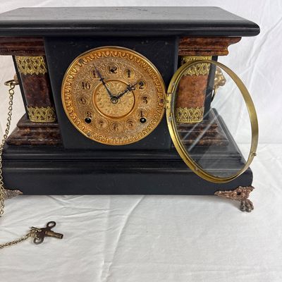 Antique Ansonia Black Mantel Clock with Lion Side Handles and Key