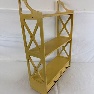 Vintage Yellow Painted Wooden Wall Shelf with Drawers