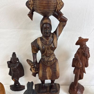 Vintage Hand-Carved Wooden Figurines & Sculptures - 7 Piece Collection