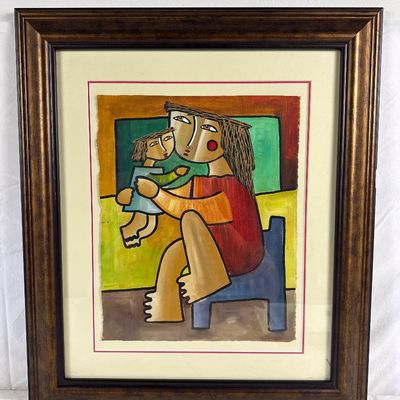 Framed Expressionist Style Painting Signed F. Serrd, Mother and Child
