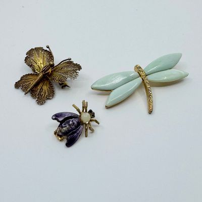 Vintage Insect Brooch Lot - Monet Dragonfly, Silver Filigree Butterfly & Bee
