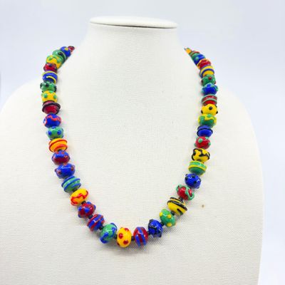 Vintage Colorful Lampwork Art Glass Bead Necklace with Toggle Clasp