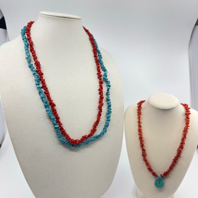 Native American Style Coral & Turquoise Beaded Necklace Collection - 3 Pcs