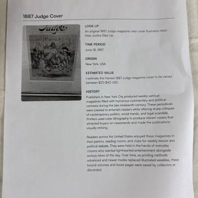 Framed 1887 Judge Magazine Cover How Justice Slips Up Lithograph Art by Hamilton