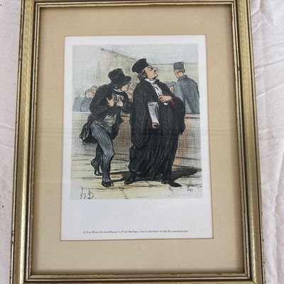 Framed Honoré Daumier Hand-Colored Satirical Legal Lithograph c. 1845-1848