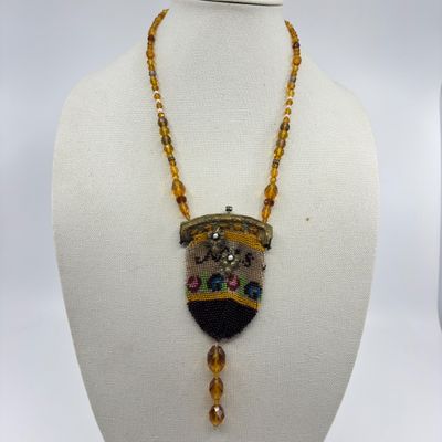 Antique Micro Beaded Purse Pendant Necklace