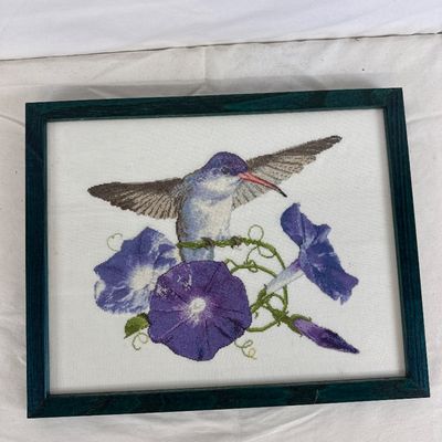 Framed Hummingbird and Morning Glories Needlepoint