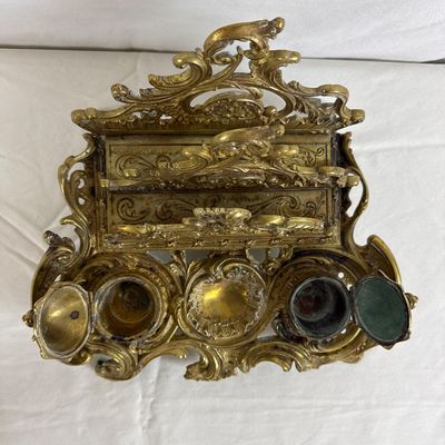 Antique French Rococo Style Gilt Brass Double Inkwell & Letter Rack