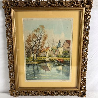 Paul Emile Lecomte Signed Color Etching in Ornate Gilt Frame