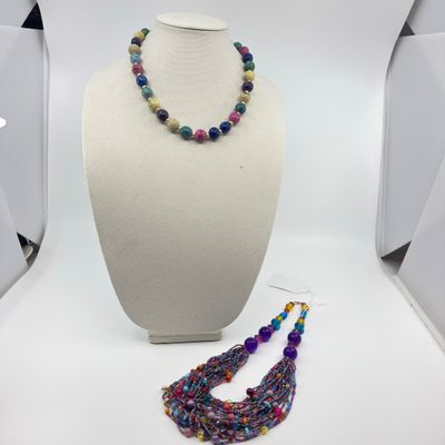 Mixed Gemstone & Multi-Strand Glass Beaded Necklaces - Set of 2
