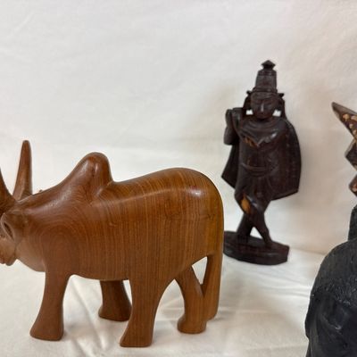 Vintage Hand-Carved Wooden Figurines & Sculptures - 7 Piece Collection