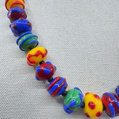 Vintage Colorful Lampwork Art Glass Bead Necklace with Toggle Clasp