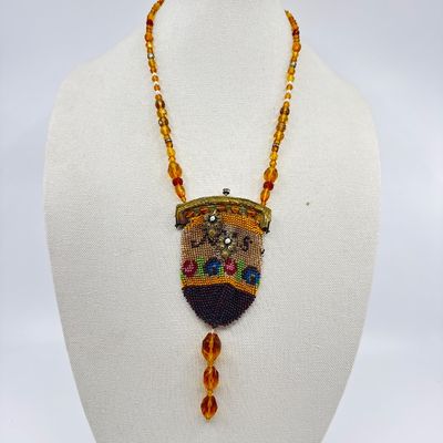 Antique Micro Beaded Purse Pendant Necklace