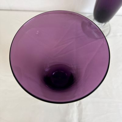 Vintage Tiffin Glass Amethyst Trumpet Vases with Clear Seahorse Stems - Pair