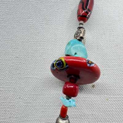 Artisan Millefiori Glass, Turquoise & Coral Beaded Necklace