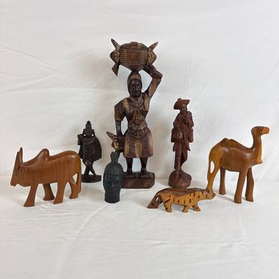 Vintage Hand-Carved Wooden Figurines & Sculptures - 7 Piece Collection
