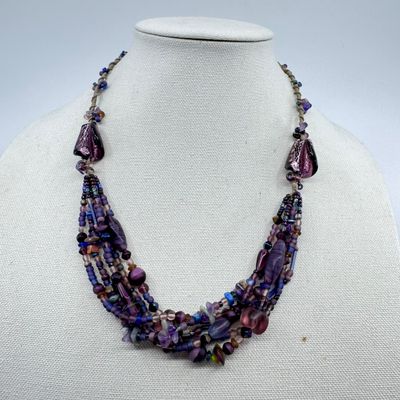 Artisan Multi-Strand Purple Glass and Stone Beaded Necklace