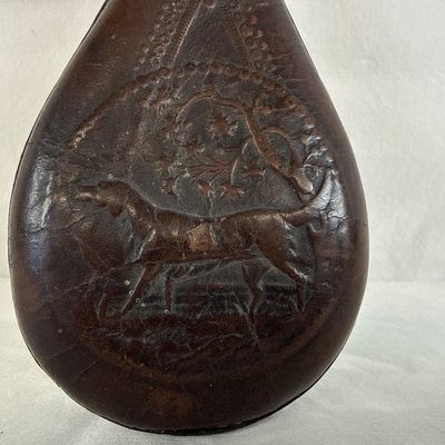 Antique Embossed Leather Shot Flask with Brass Charger - 3 lbs