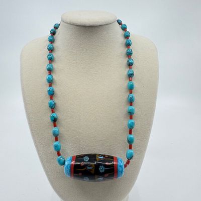 Tibetan Inlaid Barrel Bead & Dyed Howlite Necklace with .925 Clasp