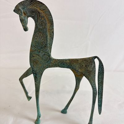 Italian Bronze Greek Geometric Style Horse & Carved Wood Panels