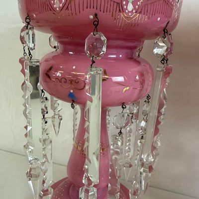 Antique Pink Bristol Glass Lustres with Crystal Prisms - Pair