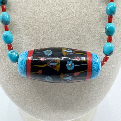 Tibetan Inlaid Barrel Bead & Dyed Howlite Necklace with .925 Clasp