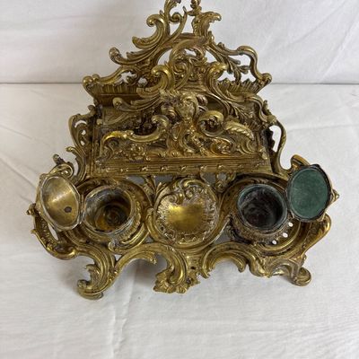 Antique French Rococo Style Gilt Brass Double Inkwell & Letter Rack