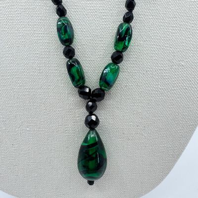 Vintage Green and Black Art Glass Bead Necklace with Teardrop Pendant