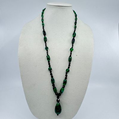 Vintage Green and Black Art Glass Bead Necklace with Teardrop Pendant