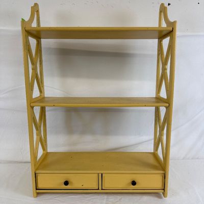 Vintage Yellow Painted Wooden Wall Shelf with Drawers