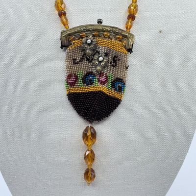 Antique Micro Beaded Purse Pendant Necklace