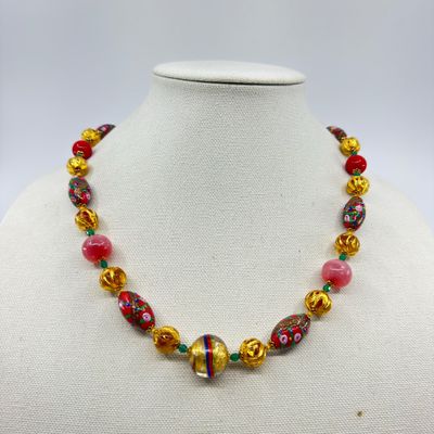 Venetian Art Glass Gold Foil & Wedding Cake Bead Necklace - 22"