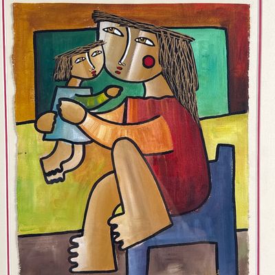 Framed Expressionist Style Painting Signed F. Serrd, Mother and Child