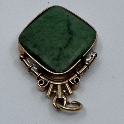 Antique Gold-Tone Pocket Watch Chain with Green Stone Fob