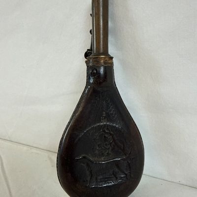 Antique Embossed Leather Shot Flask with Brass Charger - 3 lbs