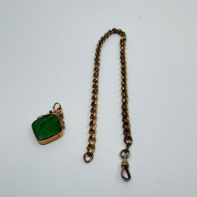 Antique Gold-Tone Pocket Watch Chain with Green Stone Fob